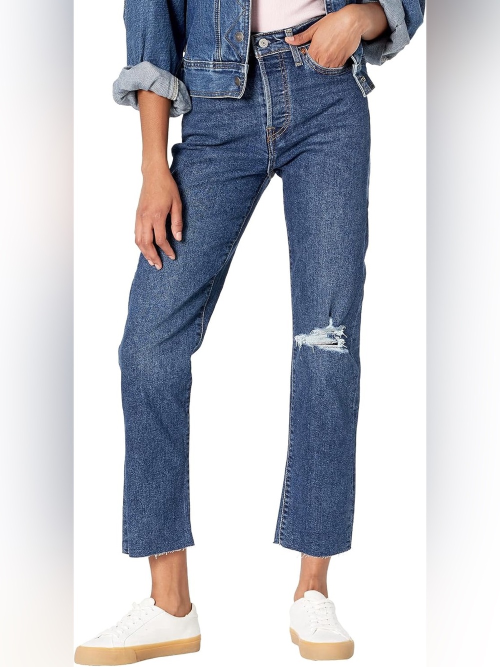 LEVI’S Wedgie Straight Classic High-Rise Distressed Frayed Hem Jeans
